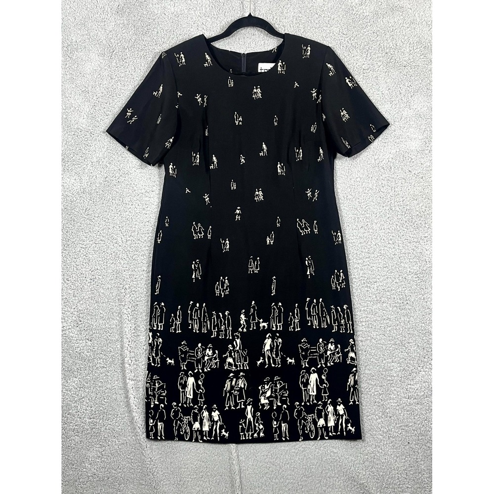 Vtg Teddi Brand Shift Dress Sz 10 Black Allover Busy People Print Art to Wear